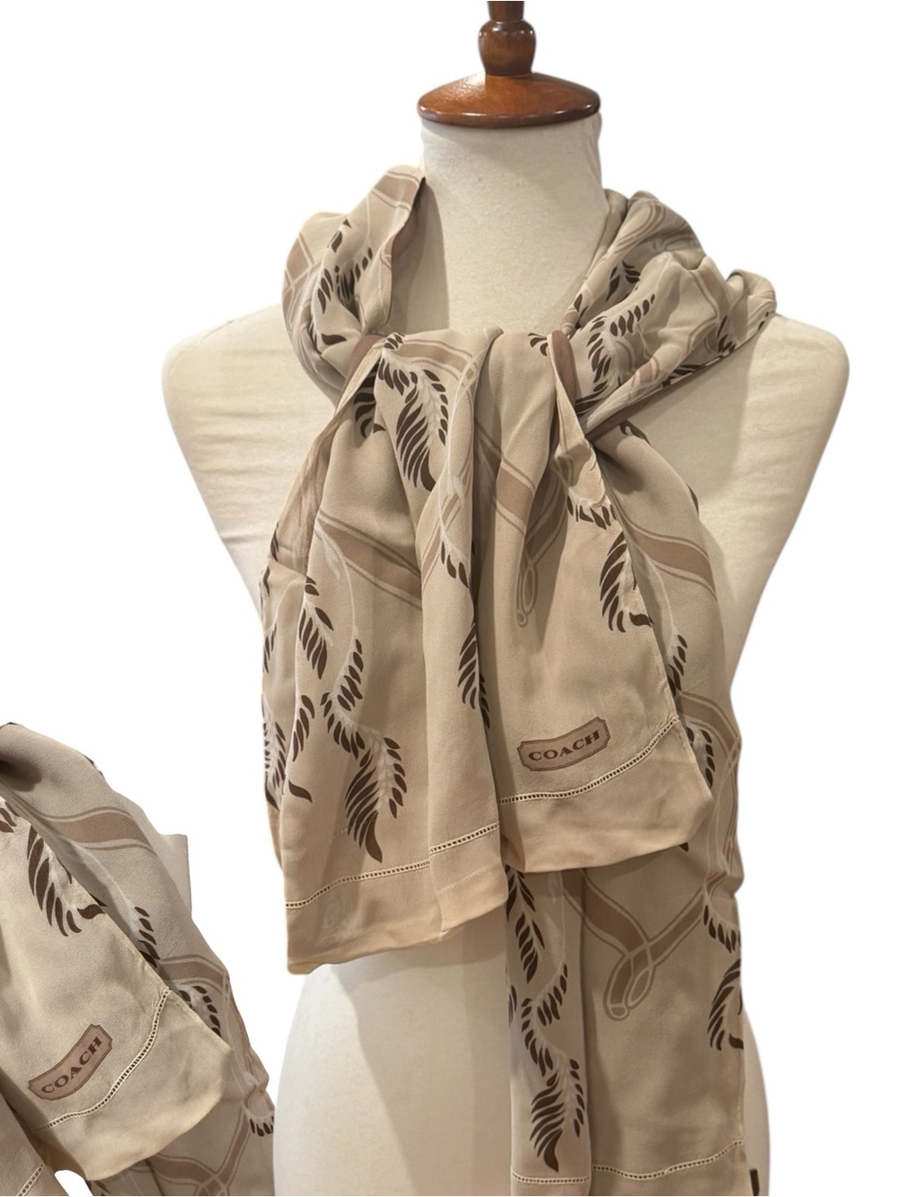 Vintage Coach Beige & Brown Logo Motif Silk Scarf 17x60”